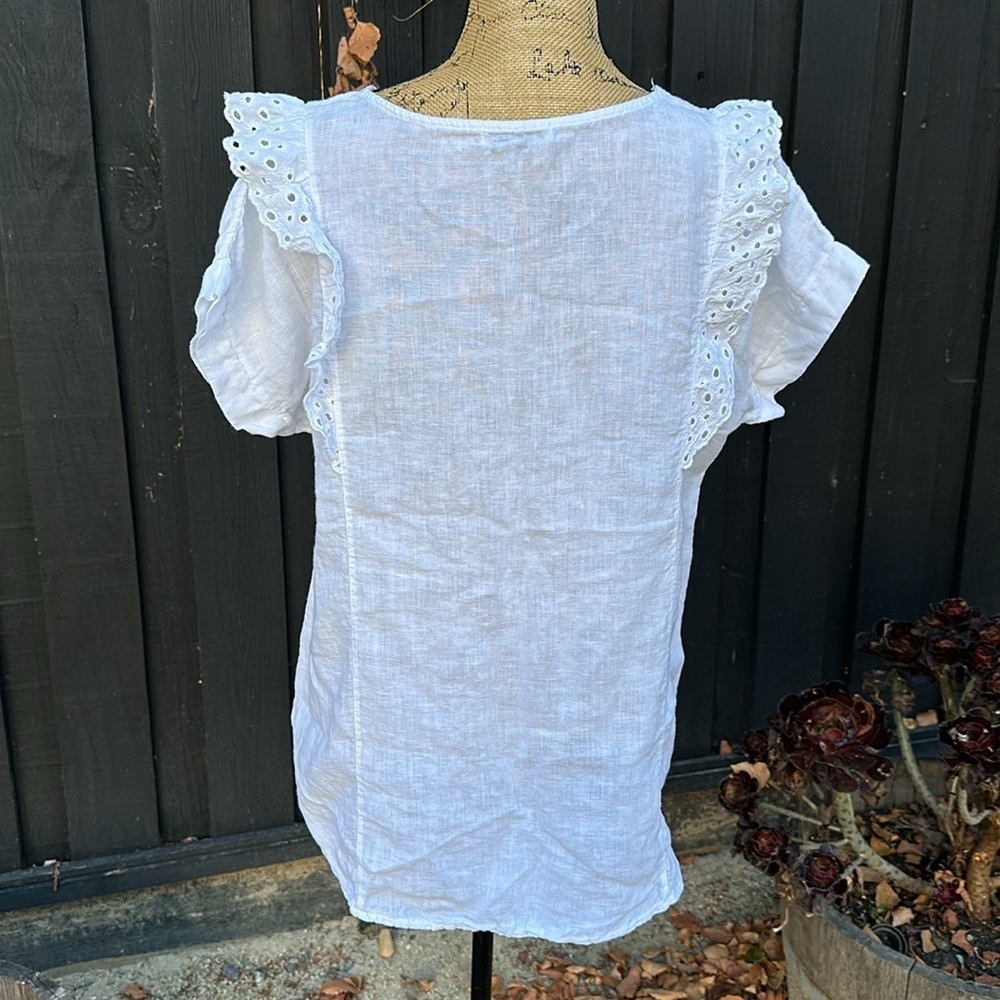 Terzo Millennio medium white linen top made in Italy 🇮🇹 eyelet shirt ruffle - Picture 4 of 8